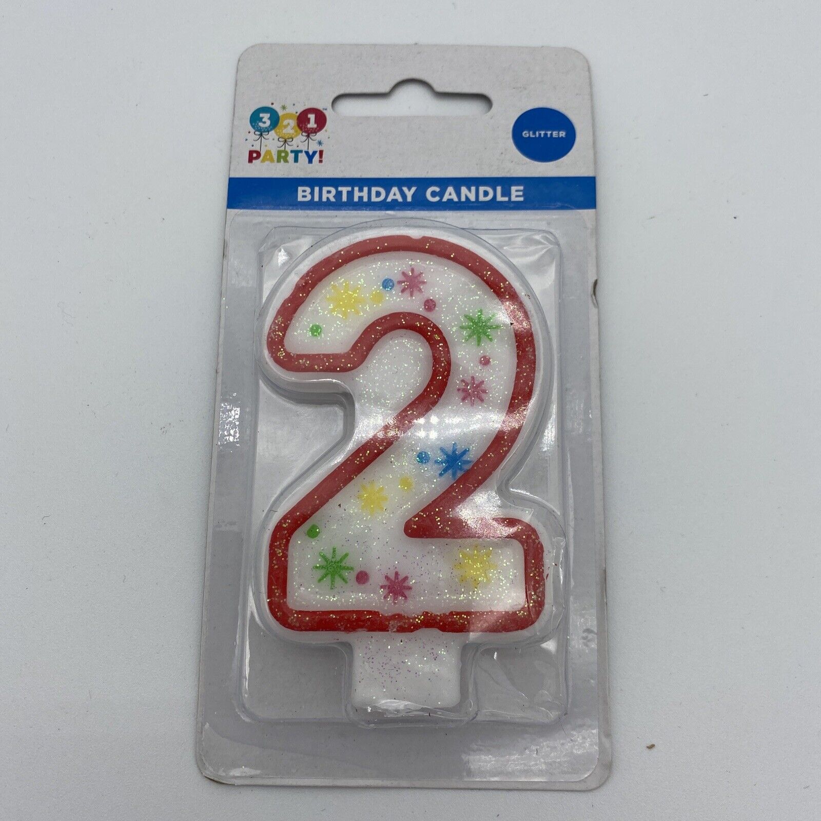 Number 2 Birthday Candle Glitter, Red White, Two Years Old Birthday Cake, 3.5 In